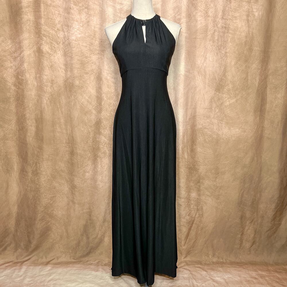 Vintage 90s Beaded Halter Neck Evening Gown Dress Black Empire Waist Formal Prom